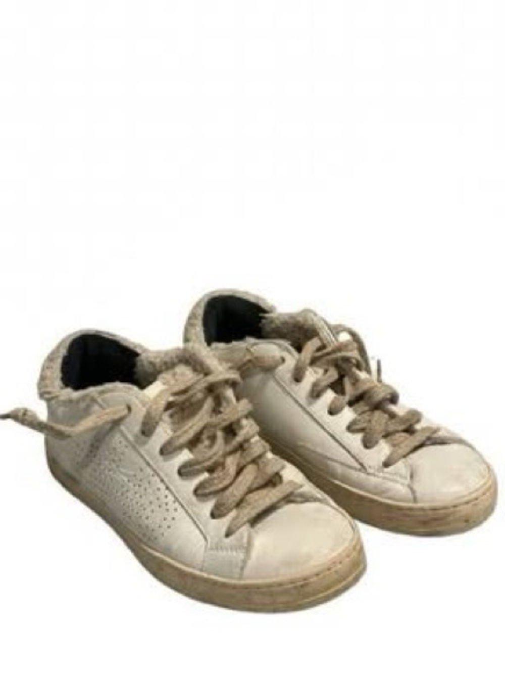 P448 Sneakers White Faux Shearling/Fur Trim Distressed Leather 37/6.5-7